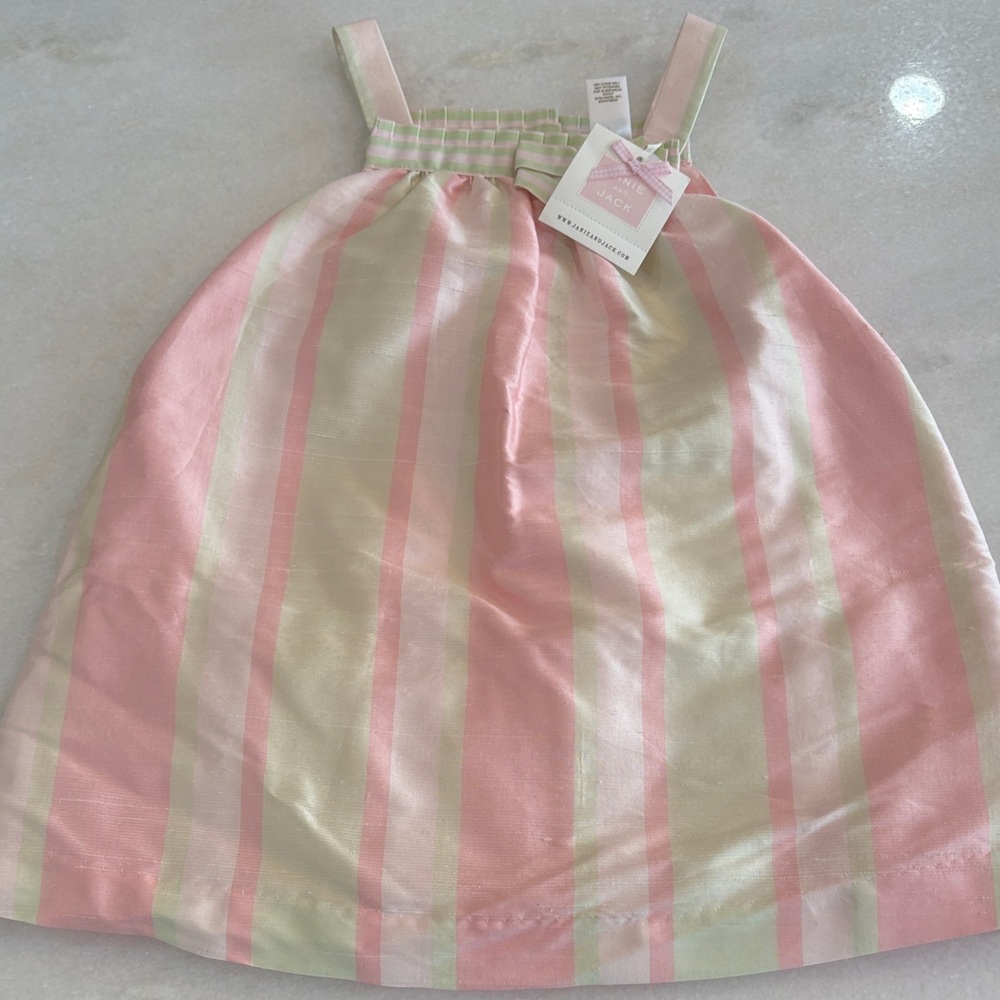 Janie and Jack Pink and Mint Striped Silk Dress with Bow